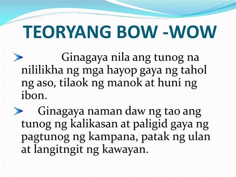 Teorya ng wika bow wow halimbawa